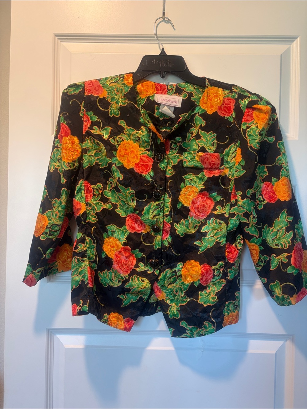 Vintage Floral Button-Up Blazer Jacket - Black with Red & Orange Roses